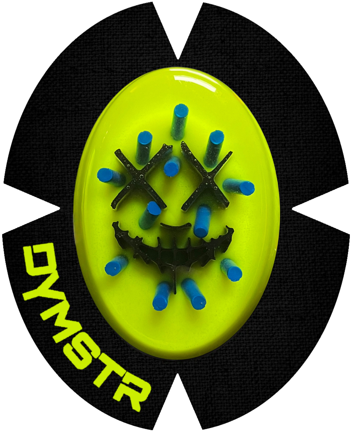 Gelber Kunststoff Knieschleifer mit gelber DYMSTR Schrift auf dem Klett. Ein schwarzes Nail Face mit blauen Titan Stäben. Dieser Knieschleifer macht Sparky Funken beim Schleifen auf der Straße.