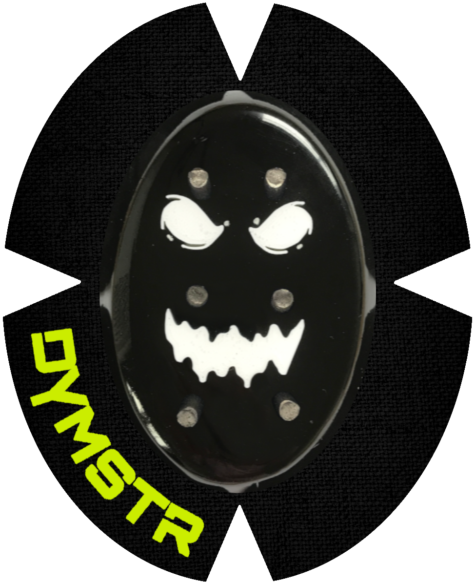 DymoStar / DYMSTR Knieschleifer / Kneeslider aus Kunststoff / plastic  schwarz / black und weiß / white das Logo im Schleifer ist ein böser smiley. Der Knieschleifer hat Titan Stifte für Funken / Sparky