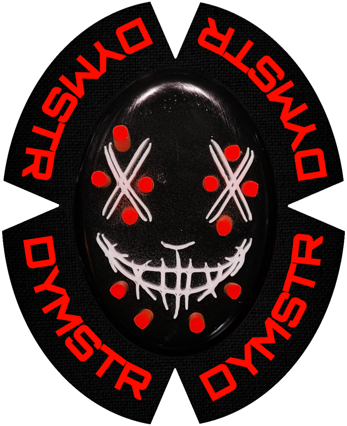 Schwarzer Kunststoff Knieschleifer mit roter DYMSTR Schrift auf dem Klett. Ein weißes Nail Face mit roten Titan Stäben. Dieser Knieschleifer macht Sparky Funken beim Schleifen auf der Straße.