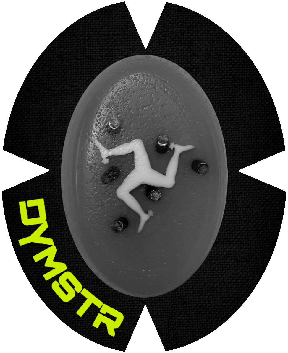 DymoStar / DYMSTR Knieschleifer / Kneeslider aus Kunststoff / plastic grau / grey und weiß / white das Logo im Schleifer ist das Symbol auf der Flagge von Isle of Man. Der Knieschleifer hat Titan Stifte für Funken / Sparky