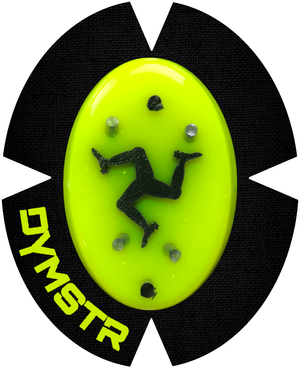 DymoStar / DYMSTR Knieschleifer / Kneeslider aus Kunststoff / plastic  schwarz / black und gelb / yellow das Logo im Schleifer ist das Symbol auf der Flagge von Isle of Man. Der Knieschleifer hat Titan Stifte für Funken / Sparky