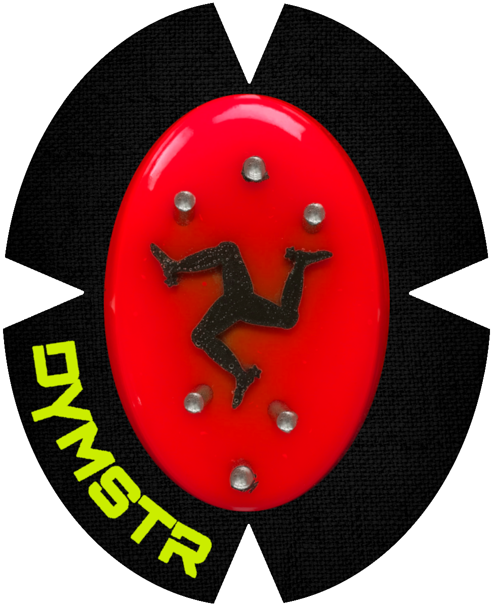 DymoStar / DYMSTR Knieschleifer / Kneeslider aus Kunststoff / plastic  schwarz / black und rot / red das Logo im Schleifer ist das Symbol auf der Flagge von Isle of Man. Der Knieschleifer hat Titan Stifte für Funken / Sparky
