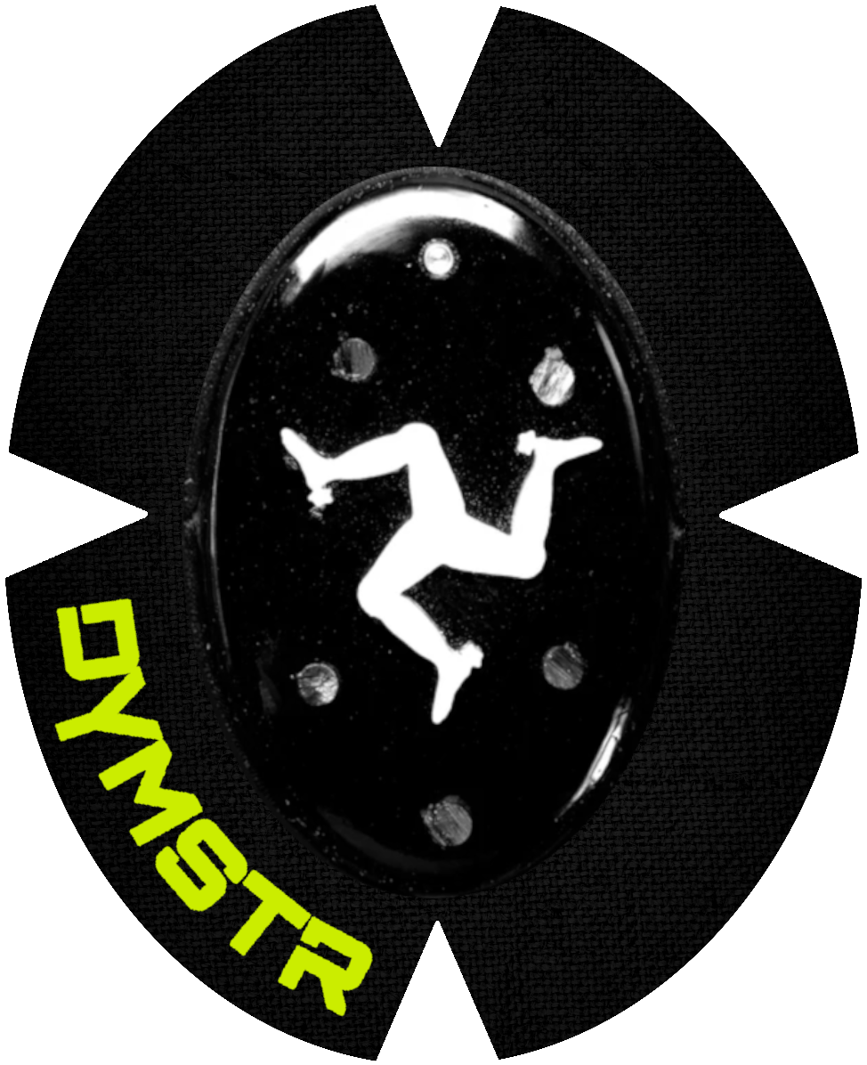 DymoStar / DYMSTR Knieschleifer / Kneeslider aus Kunststoff / plastic  schwarz / black und weiß / white das Logo im Schleifer ist das Symbol auf der Flagge von Isle of Man. Der Knieschleifer hat Titan Stifte für Funken / Sparky