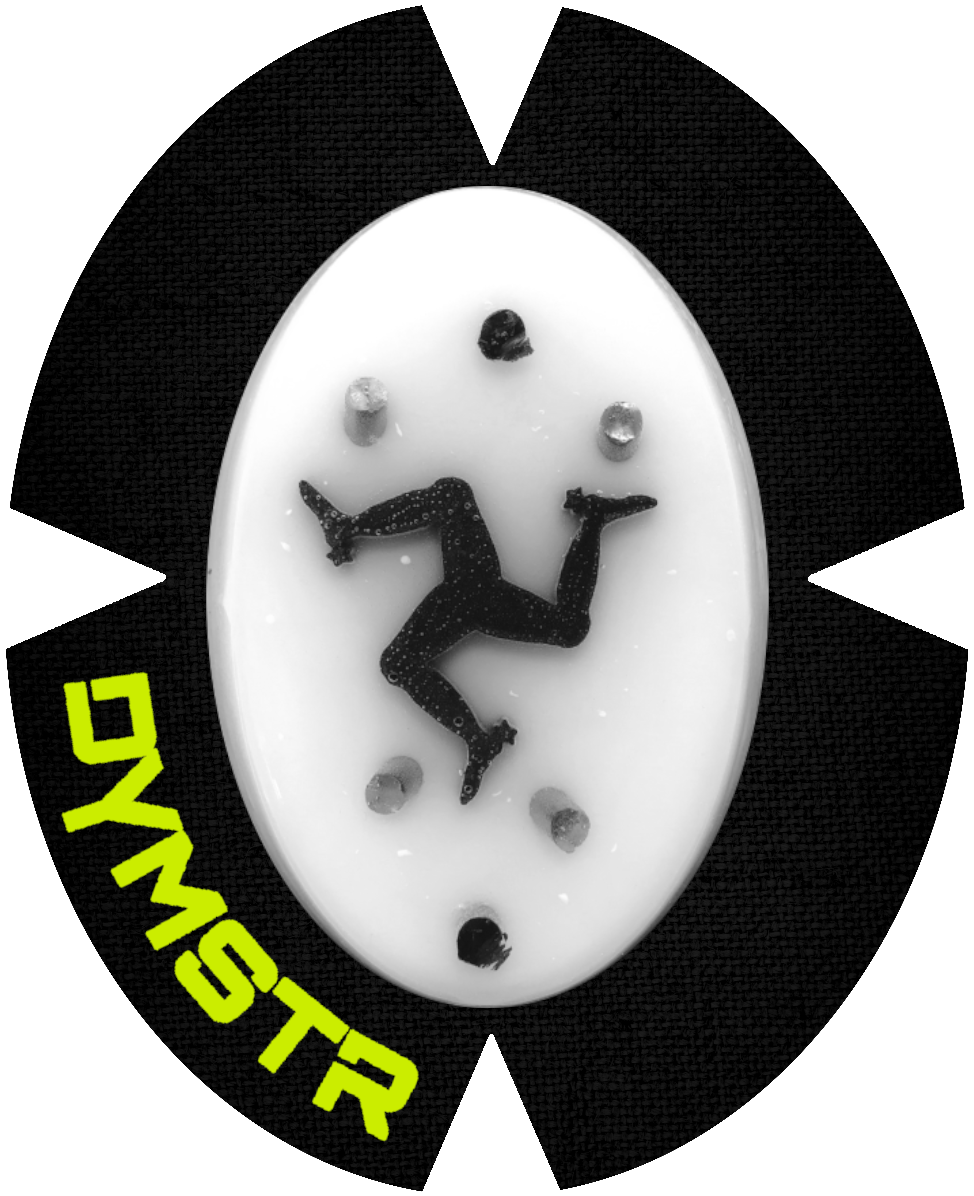 DymoStar / DYMSTR Knieschleifer / Kneeslider aus Kunststoff / plastic weiß / white und black / schwarz das Logo im Schleifer ist das Symbol auf der Flagge von Isle of Man. Der Knieschleifer hat Titan Stifte für Funken / Sparky