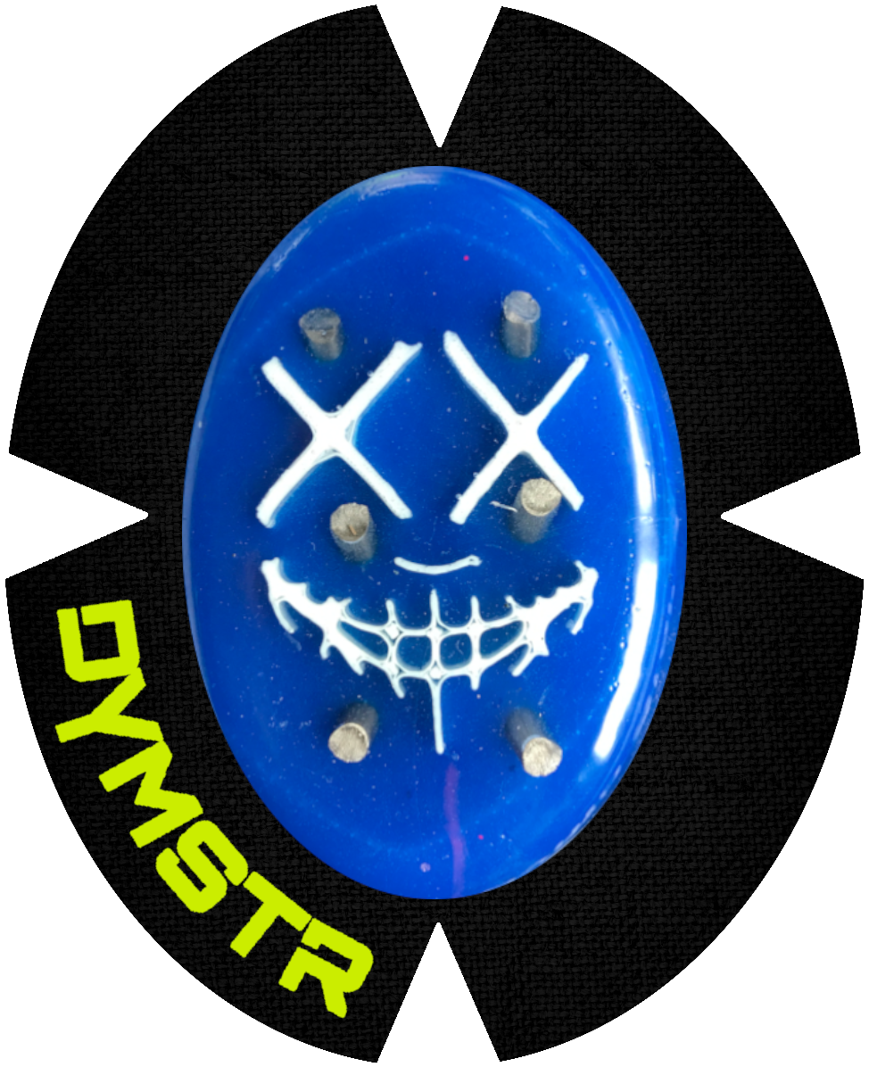 DymoStar / DYMSTR Knieschleifer / Kneeslider aus Kunststoff / plastic blau / blue und weiß / white das Logo im Schleifer ist von the Purge. Der Knieschleifer hat Titan Stifte für Funken / Sparky