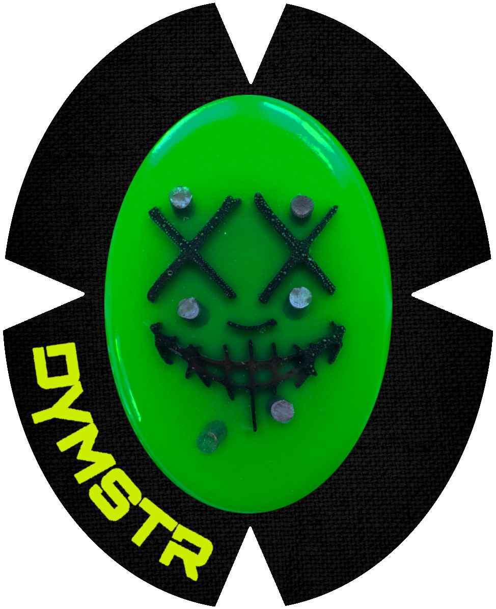 DymoStar / DYMSTR Knieschleifer / Kneeslider aus Kunststoff / plastic grün / green und schwarz / black das Logo im Schleifer ist von the Purge. Der Knieschleifer hat Titan Stifte für Funken / Sparky