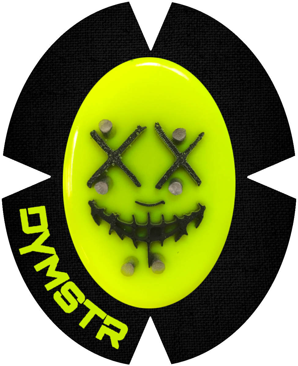 DymoStar / DYMSTR Knieschleifer / Kneeslider aus Kunststoff / plastic gelb / yellow und schwarz / black das Logo im Schleifer ist von the Purge. Der Knieschleifer hat Titan Stifte für Funken / Sparky