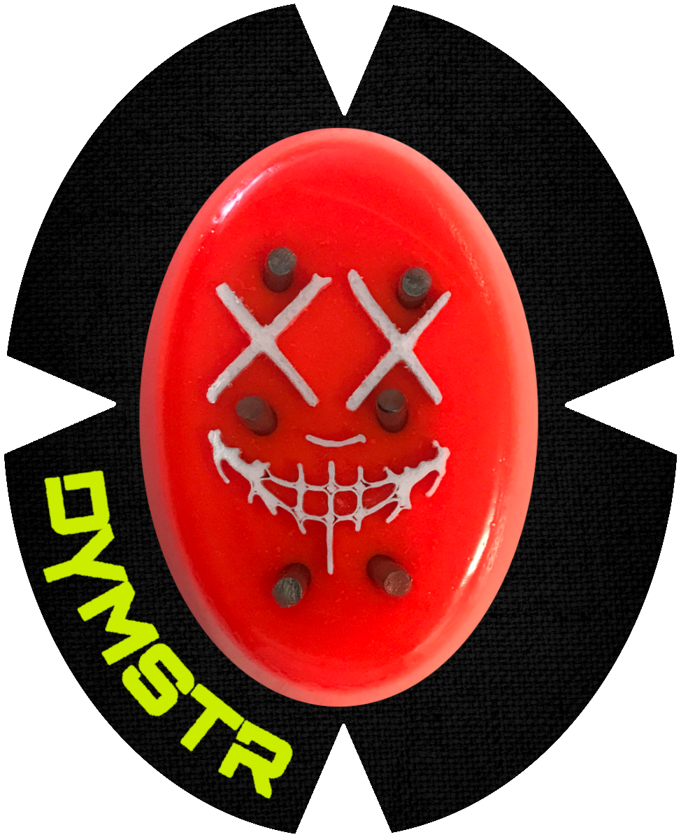 DymoStar / DYMSTR Knieschleifer / Kneeslider aus Kunststoff / plastic orange / orange  und weiß / white das Logo im Schleifer ist von the Purge. Der Knieschleifer hat Titan Stifte für Funken / Sparky