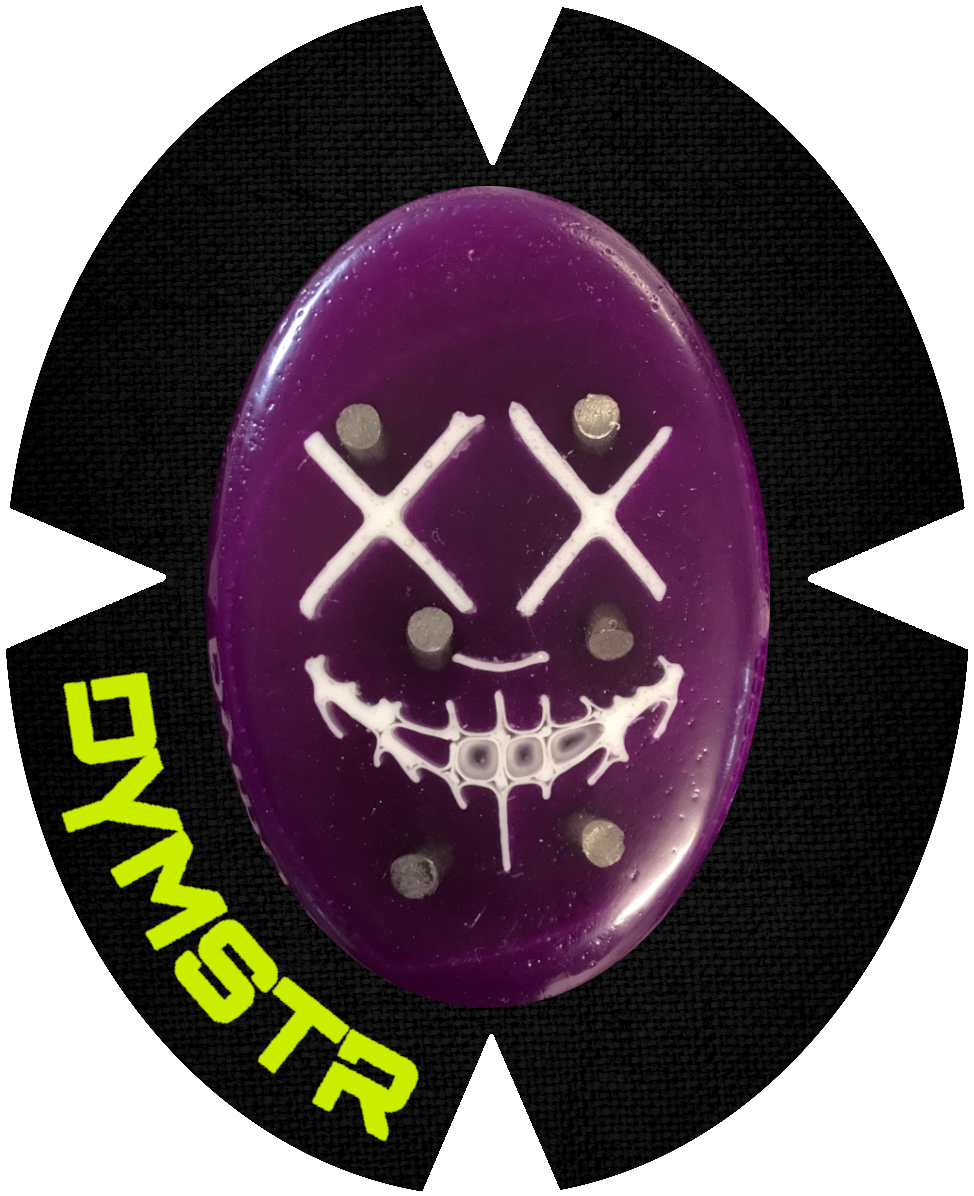 DymoStar / DYMSTR Knieschleifer / Kneeslider aus Kunststoff / plastic lila / violett und weiß / white das Logo im Schleifer ist von the Purge. Der Knieschleifer hat Titan Stifte für Funken / Sparky