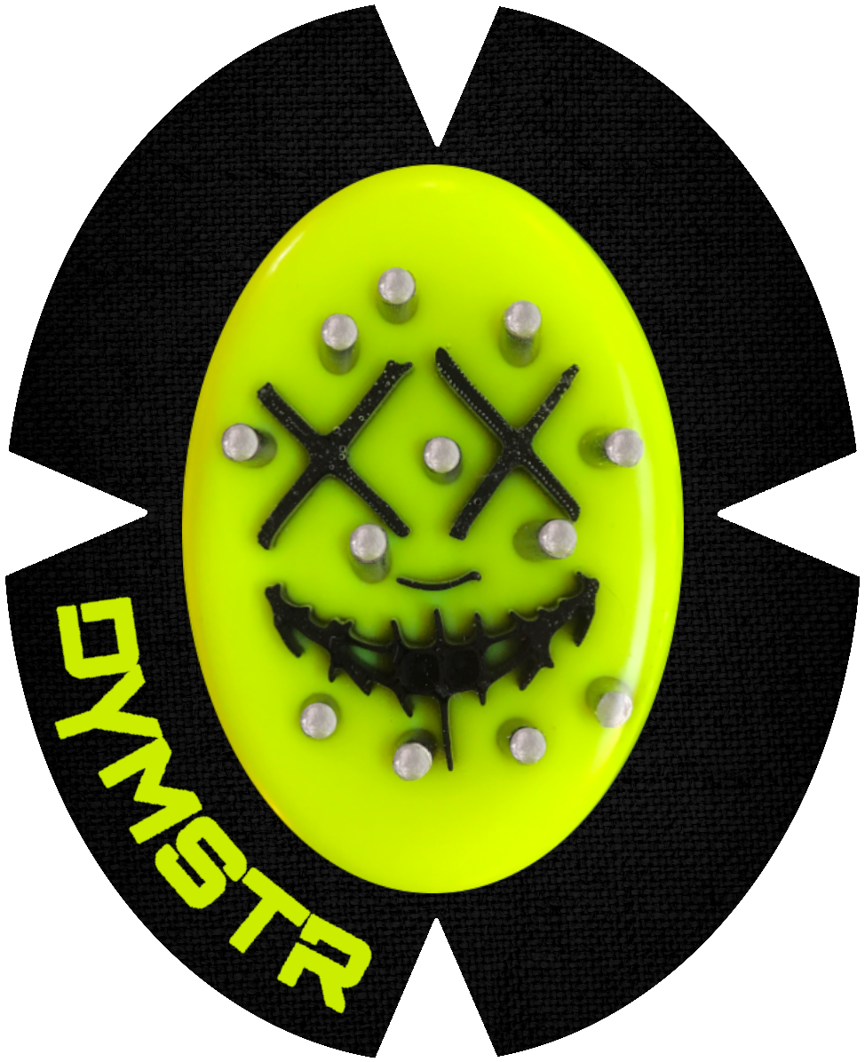 DymoStar / DYMSTR Knieschleifer / Kneeslider aus Kunststoff / plastic gelb / yellow und schwarz / black das Logo im Schleifer ist von the Purge. Der Knieschleifer hat Titan mehr Stifte für viele / more Funken / Sparky