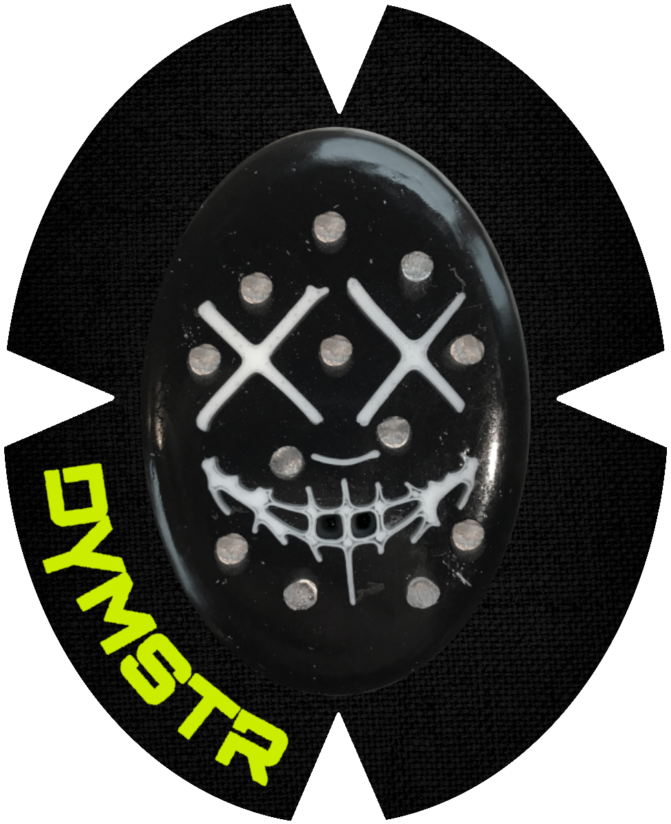 DymoStar / DYMSTR Knieschleifer / Kneeslider aus Kunststoff / plastic schwarz / black und weiß / white das Logo im Schleifer ist von the Purge. Der Knieschleifer hat Titan mehr Stifte für viele / more Funken / Sparky